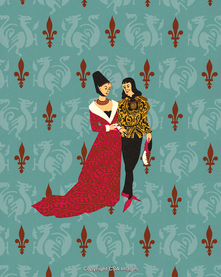 Elegant Medieval Couple With Decorative Floral and Dragon Background