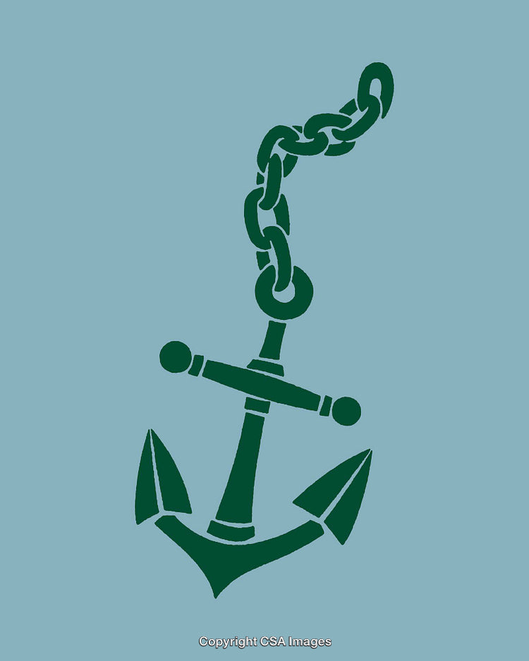 Green Anchor with Chain on a Light Blue Background