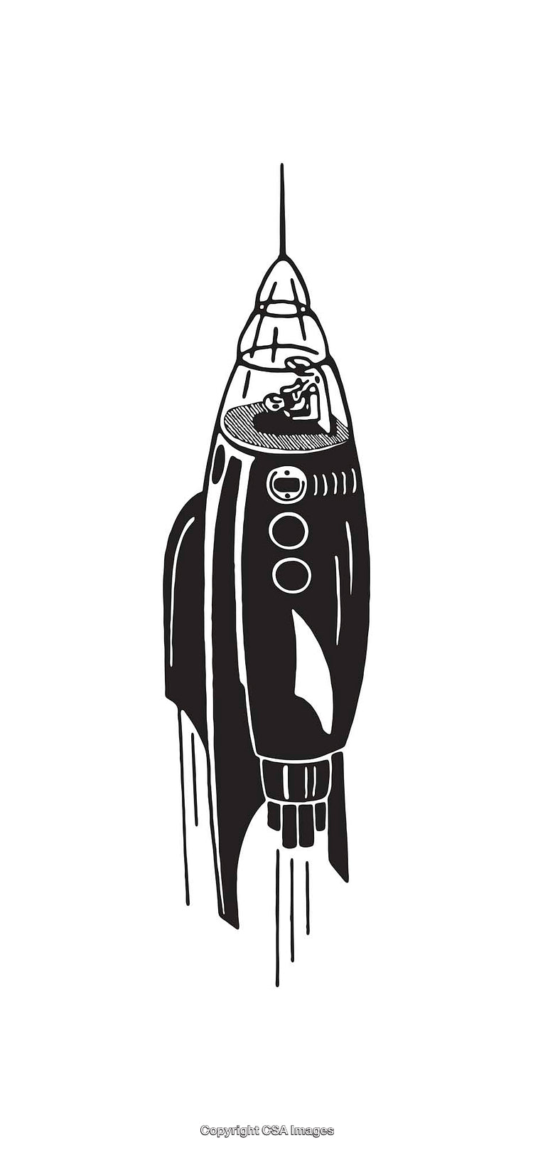 Vintage Black and White Rocket and Pilot Line Art Illustration