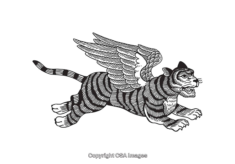 Winged Tiger Illustration in Black and White Detailed Line Art Design