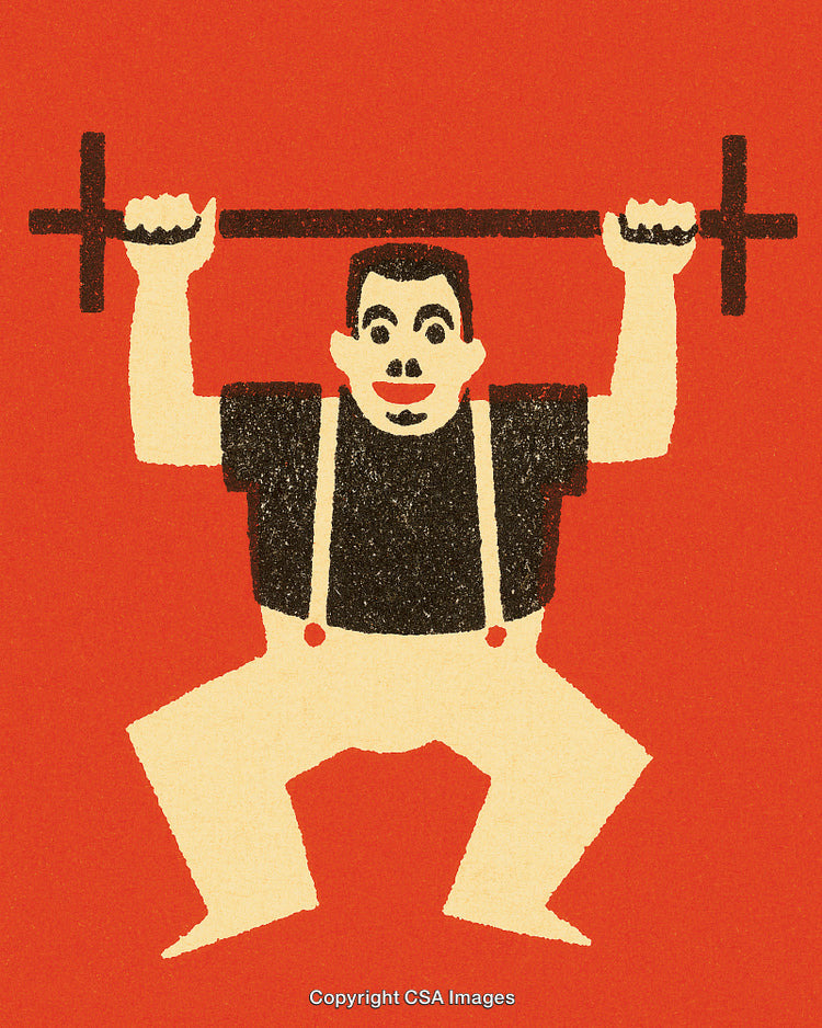 Vintage Illustration of a Strongman Lifting Weight on a Bold Red Background