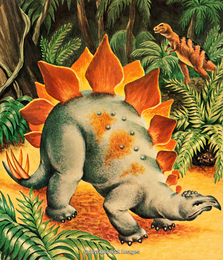 Illustrated Prehistoric Scene Featuring Various Dinosaurs in a Lush Jungle Setting