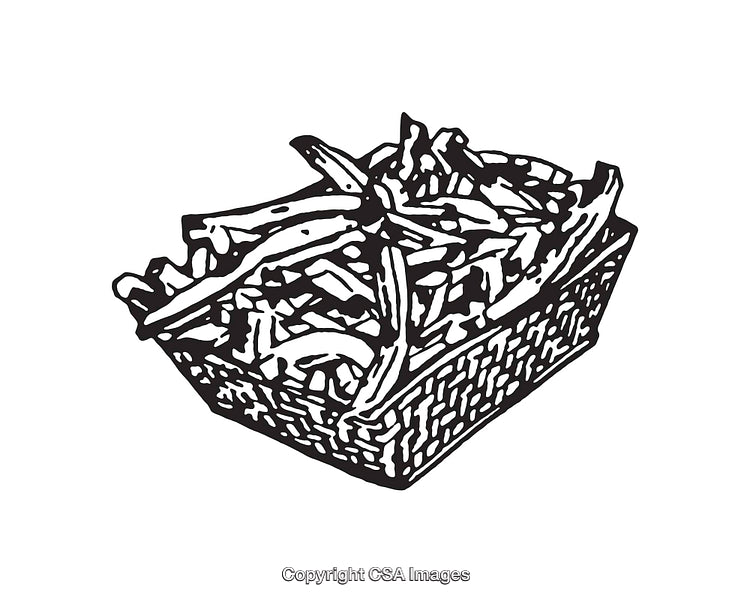 Black and White Line Art of French Fries in Basket