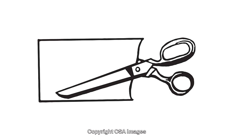 Black And White Illustration of Scissors and Paper in Line Art Style