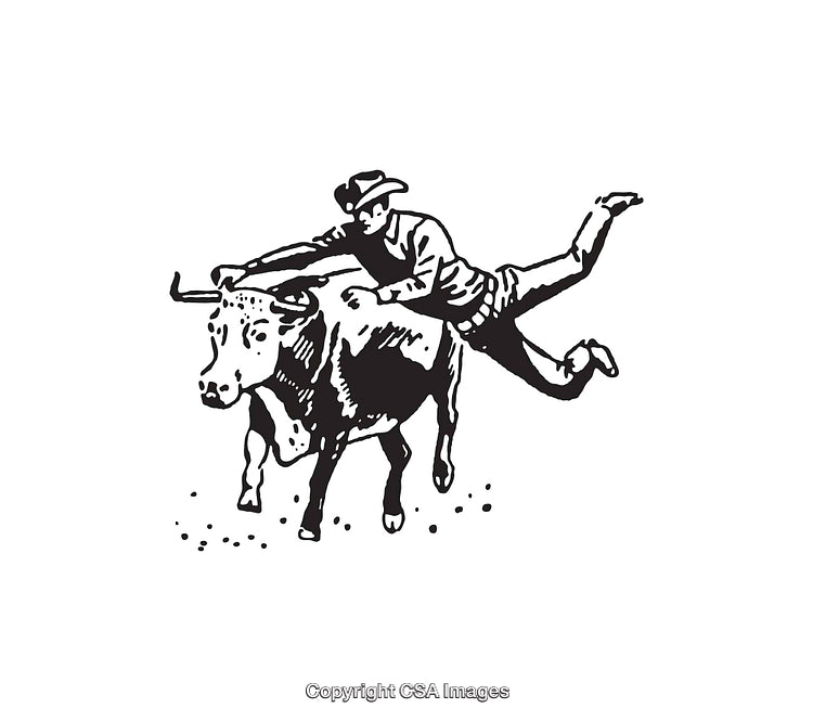 Vintage Rodeo Cowboy Wrestling a Bull Black and White Line Art Illustration