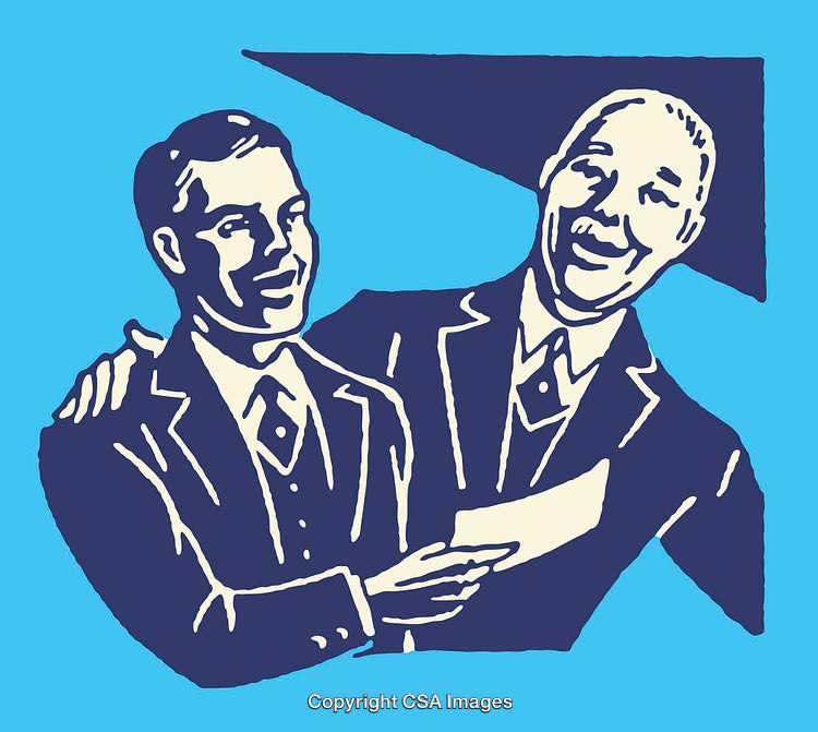 Retro Illustration of Two Laughing Men in Business Attire on Blue