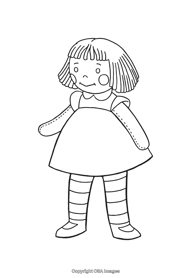 Black and White Line Art Illustration of a Doll Figure