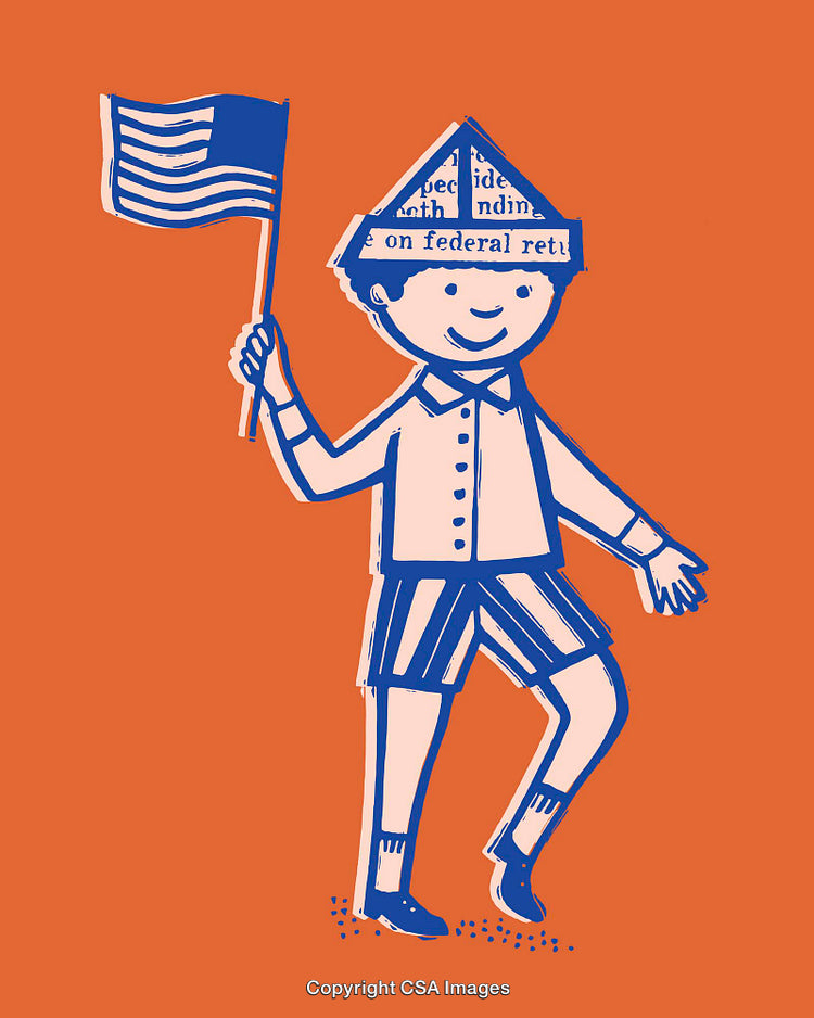 Cheerful Child Holding Flag in Playful Line Art Illustration