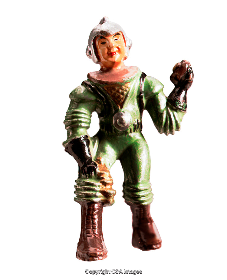 Vintage Space Figure Toy in Green Suit Isolated on White Background