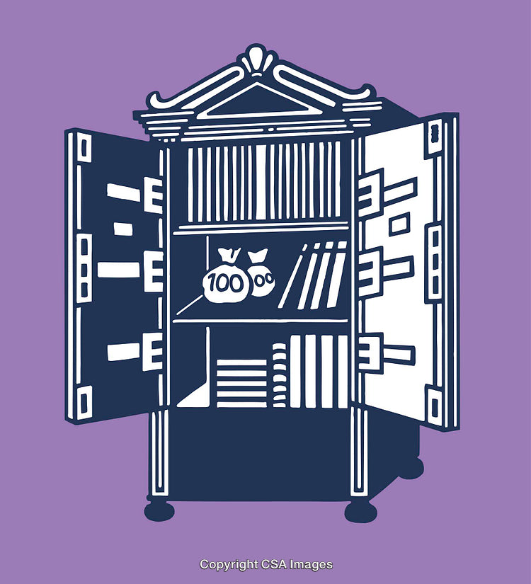 Illustrated Open Safe Containing Books and Money Bags