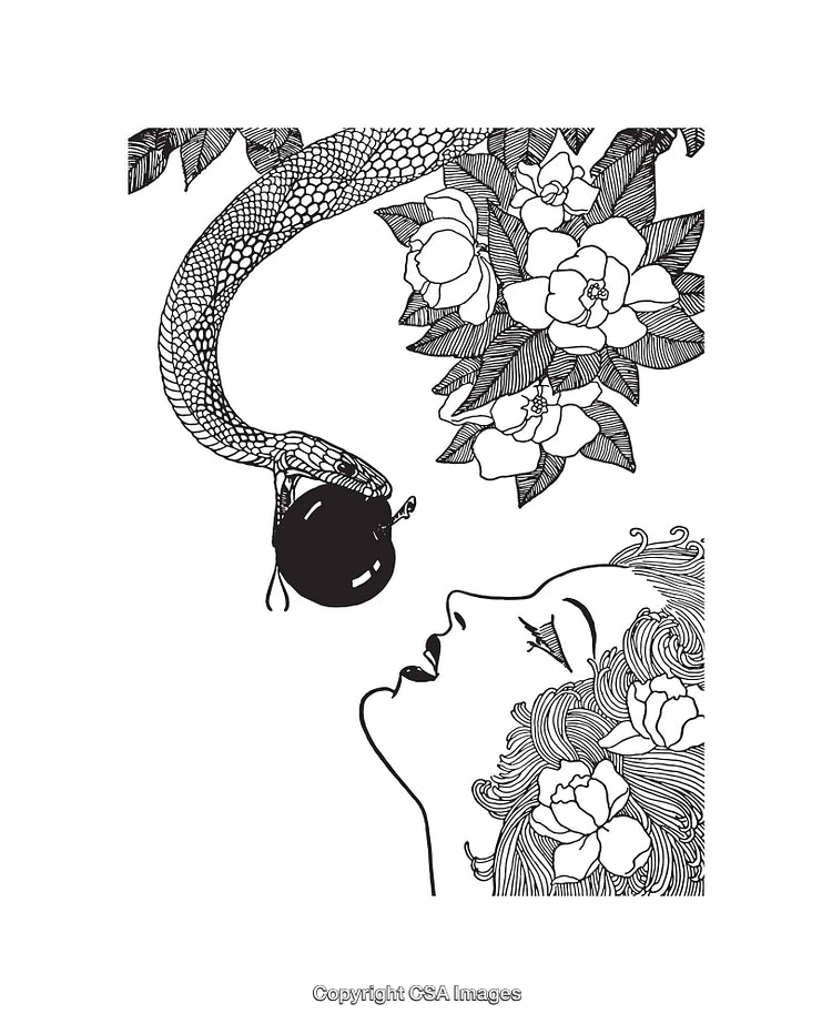 Black and White Line Art Illustration of Snake, Apple, and Floral Theme