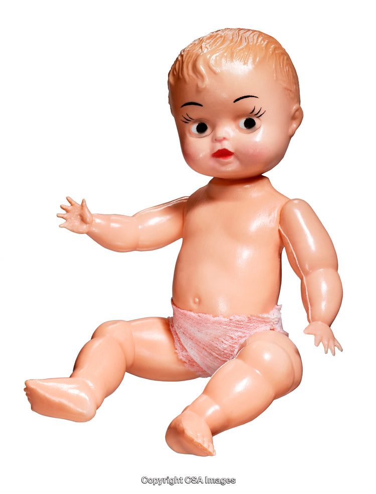 Vintage Plastic Baby Doll Sitting with Outstretched Arm and Pink Diaper