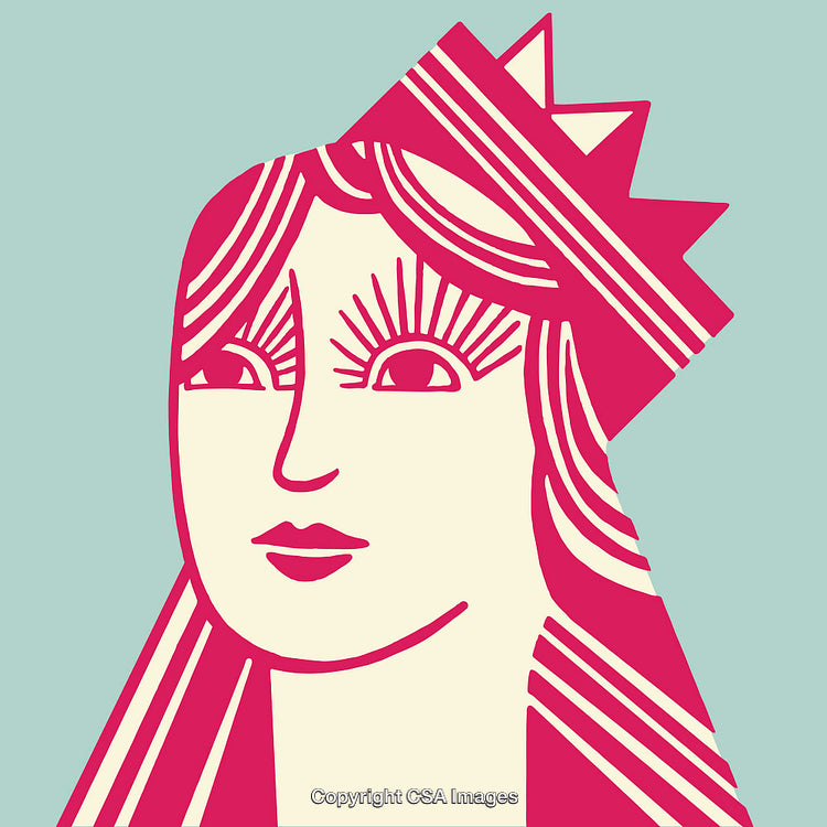 Colorful Line Art Illustration of a Crowned Feminine Figure on Pastel Background