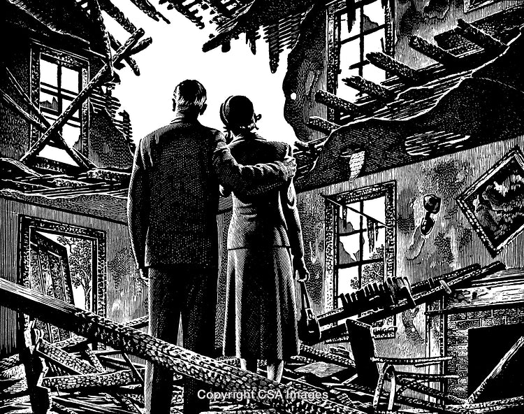 Couple Observing Destruction Inside a War-Torn Building in Black and White