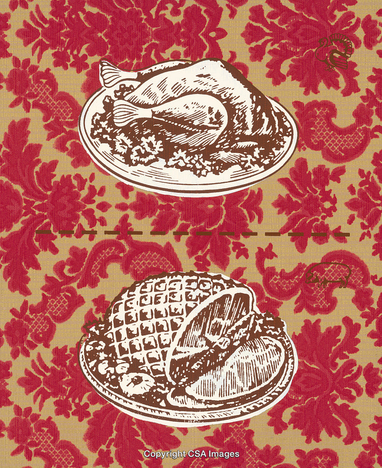 Vintage Engraving Illustration of Plated Roast Chicken and Honey Glazed Ham
