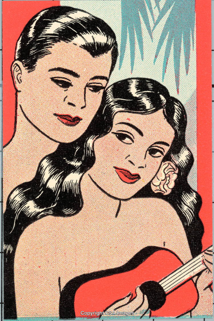 Retro Comic Illustration of Two Characters With a Ukulele Under Palm Trees