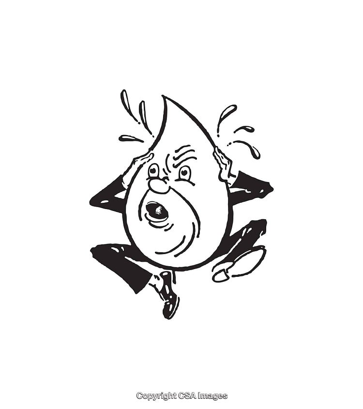 Cartoon Illustration of Stressed Anthropomorphic Teardrop in Black and White
