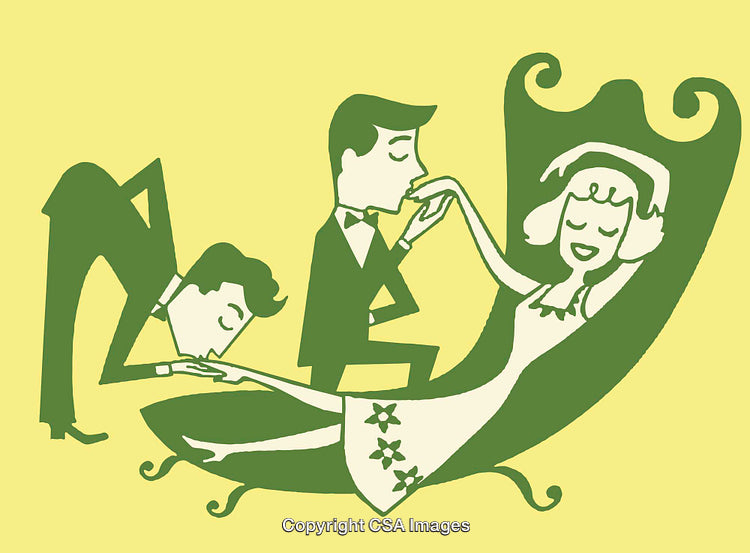 Retro Illustration of Men Courting a Relaxed Woman in Artistic Style