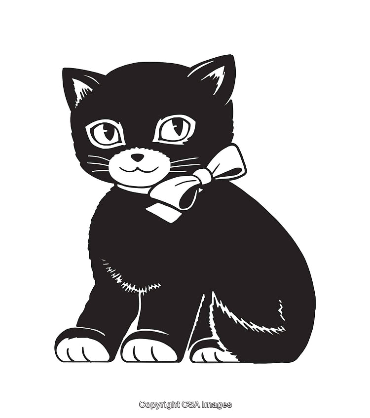 Black and White Illustration of a Cat with Bow Tie