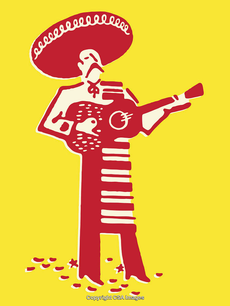 Bold Line Art Illustration of Mariachi Musician on Vibrant Yellow Background