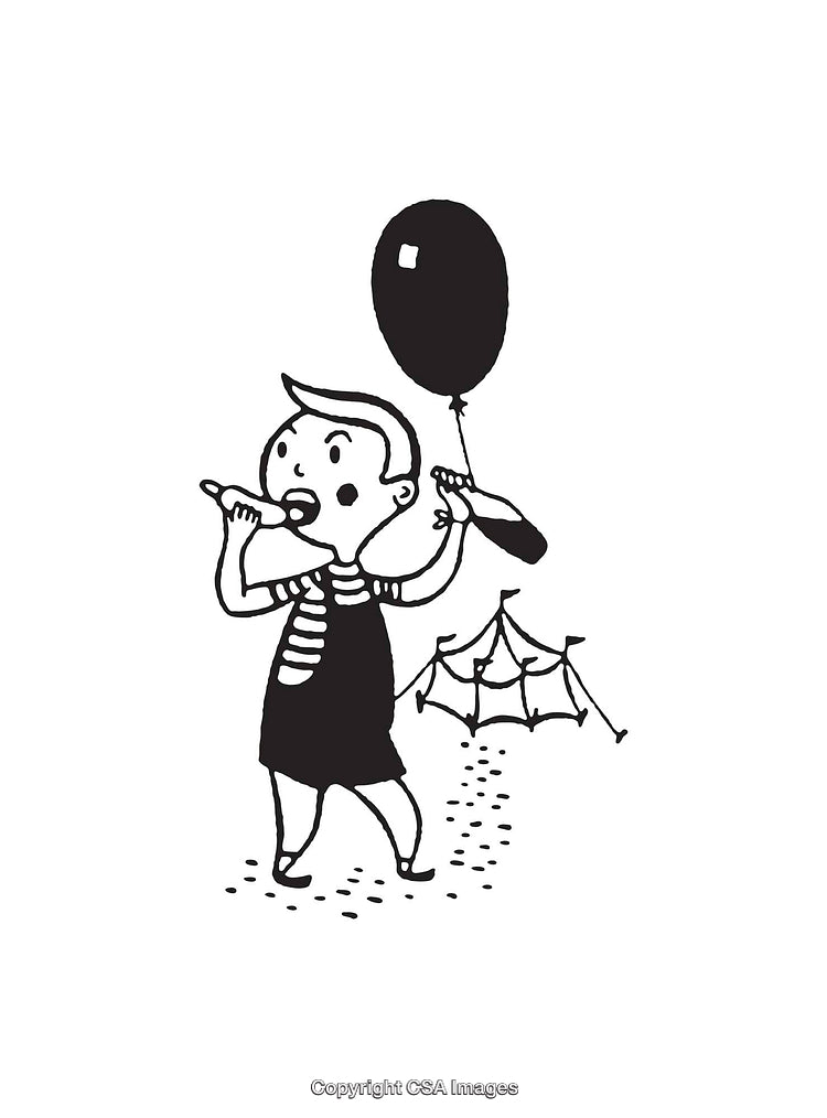 Playful Child Holding Balloons and Exploring in Black and White Line Art