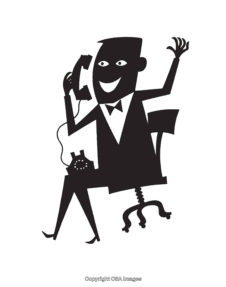 Black And White Cartoon of a Man on Telephone in Office Setting