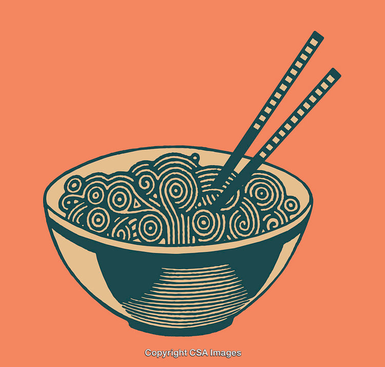 Line Art Illustration of Bowl of Noodles with Chopsticks