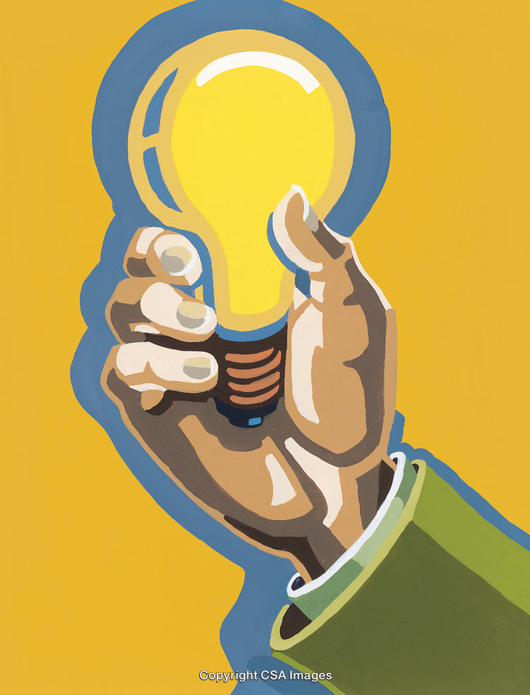 Colorful Illustration of a Hand Holding a Bright Light Bulb