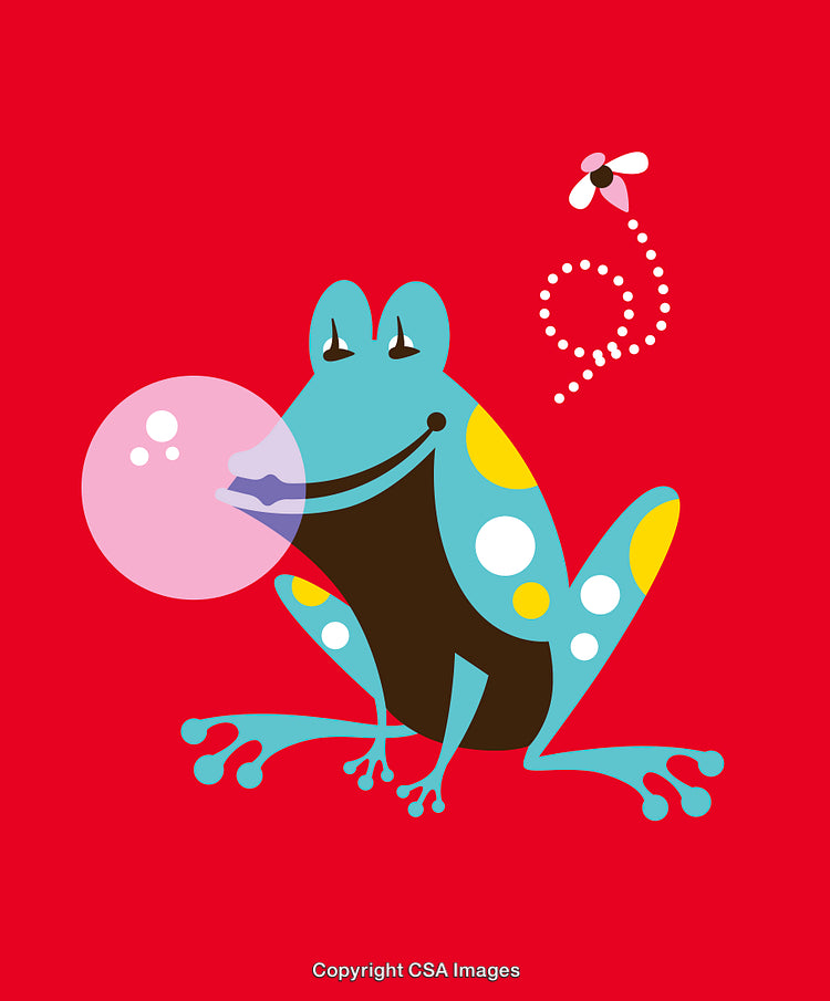 Colorful Cartoon Frog With Bubblegum and a Fly on Red Background
