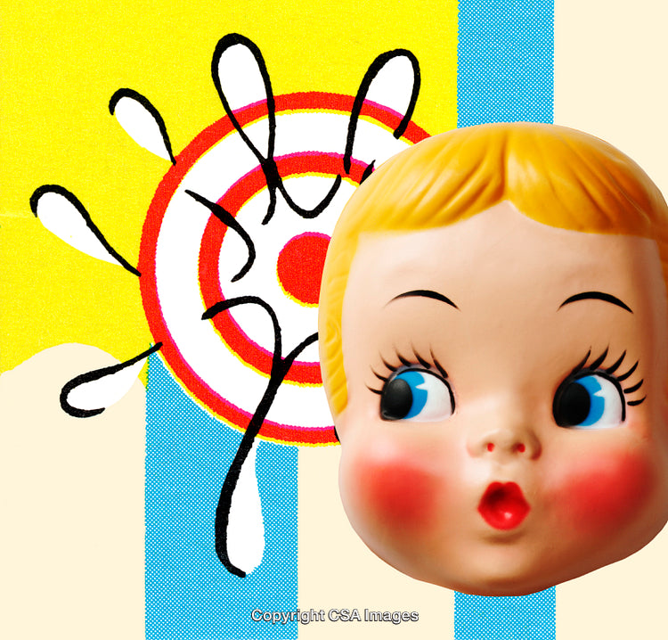 Whimsical Doll Head Decor with Bright Target and Yellow Accent Design