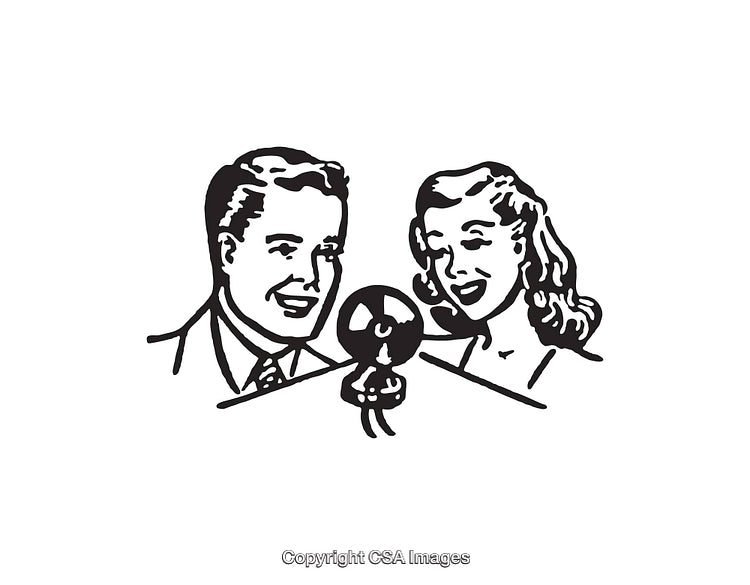 Retro Black and White Illustration of a Happy Family Scene
