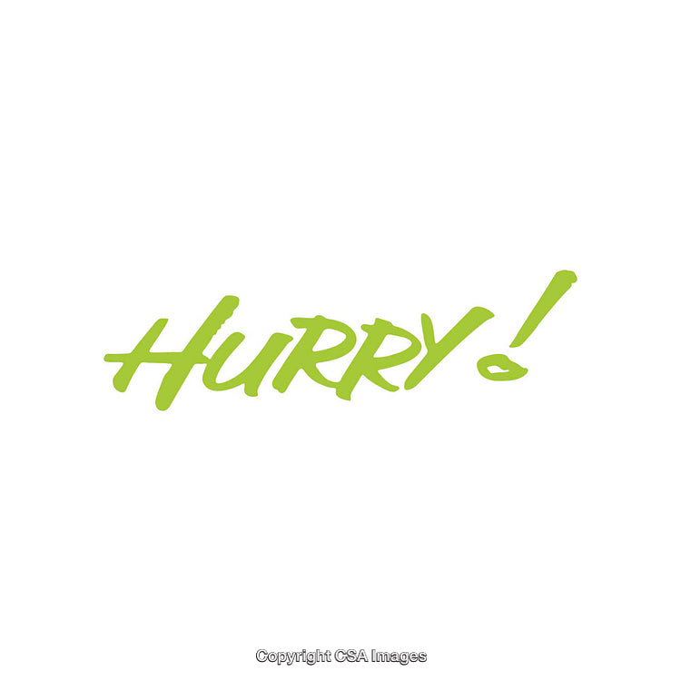 Green Hurry Text with Bold Typeface and Exclamation Mark on White Background