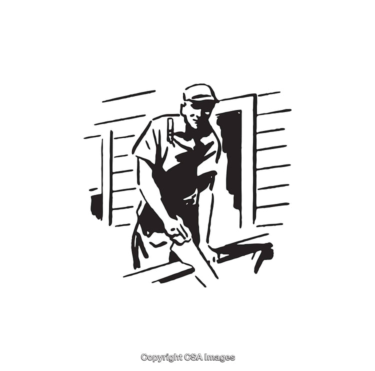 Black and White Line Art Illustration of Carpenter Using a Saw
