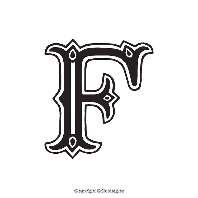 Decorative Vintage Letter F with Ornate Design in Black and White