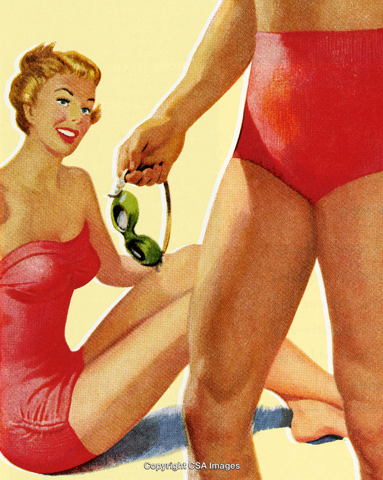 Retro Illustration of Beach Scene with Swimwear and Relaxation