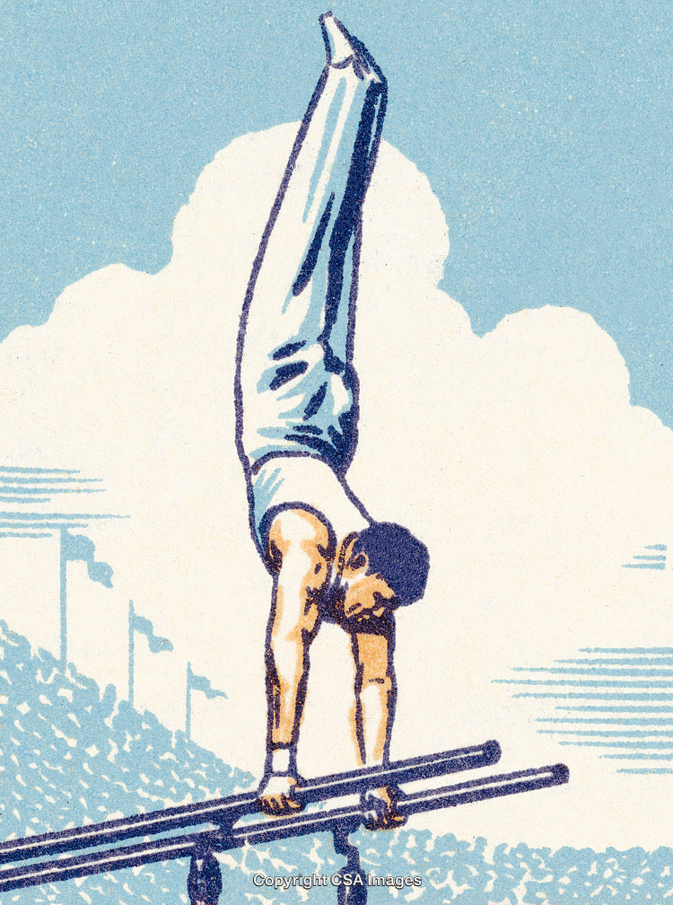 Vintage Illustration of Gymnast Performing Handstand on Parallel Bars