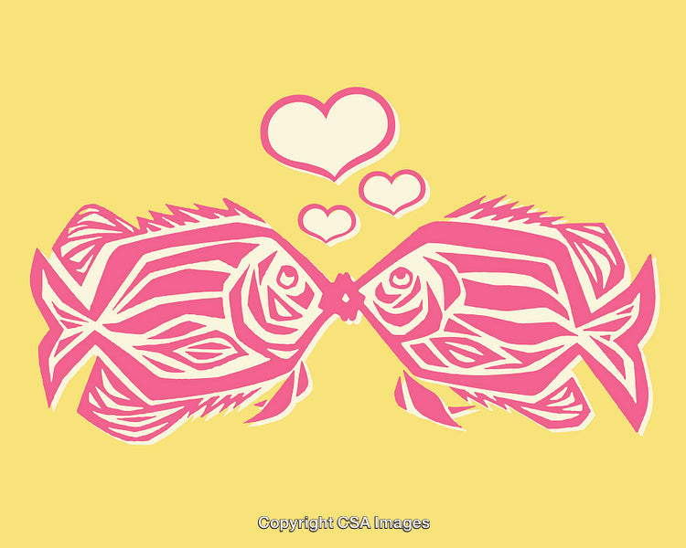 Romantic Pink Fish Illustration With Hearts on a Yellow Background