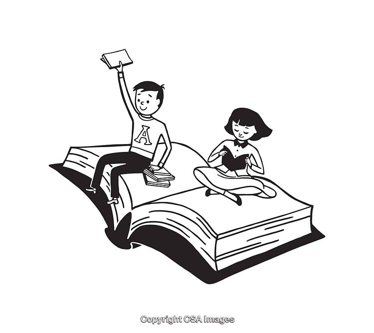 Illustration of Kids Reading Books in Black and White Line Art
