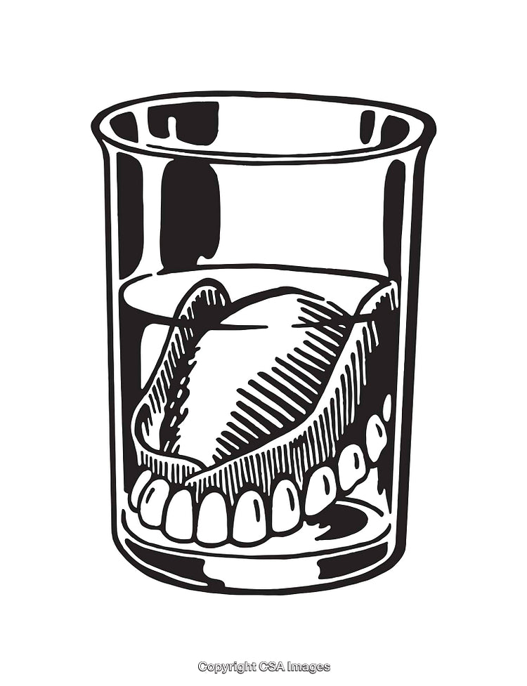 Black and White Line Artwork of Dentures in a Glass of Water
