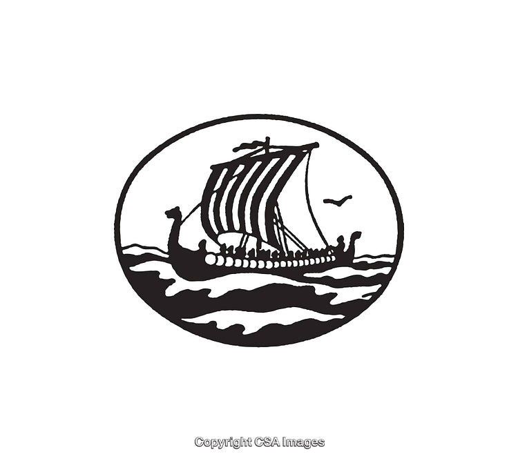 Black and White Line Art of a Viking Ship with Sails in Open Waters