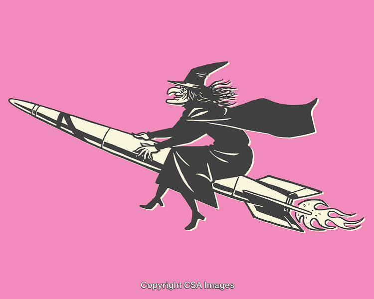 Vintage Style Witch Riding Rocket on Pink Background in Line Art Illustration