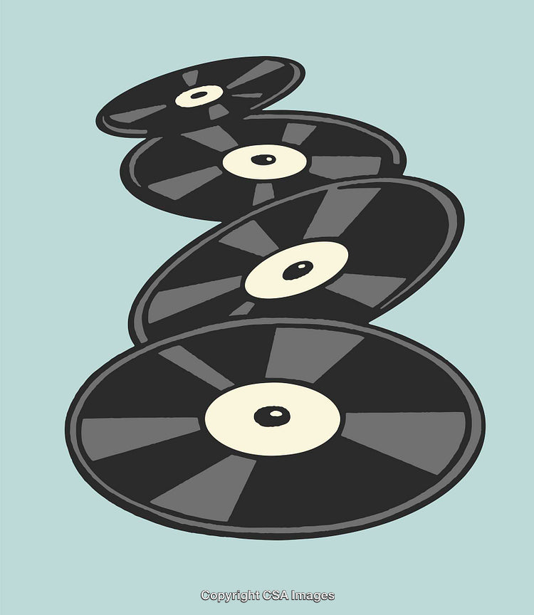 Illustrated Line Art of Stack of Vinyl Records on Blue Background
