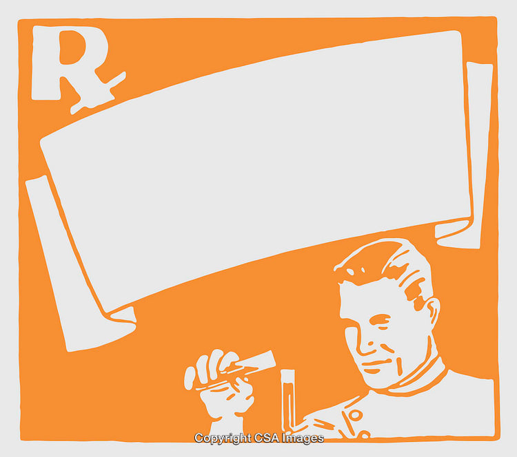 Retro Styled Pharmacy Background with Blank Frame and Scientist Illustration
