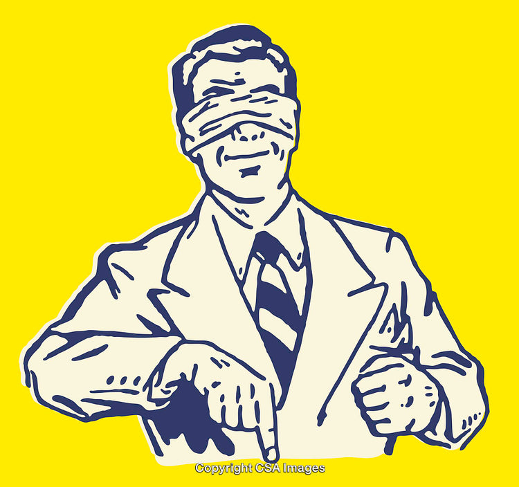 Retro Illustration of Blindfolded Businessman on Bright Yellow Background
