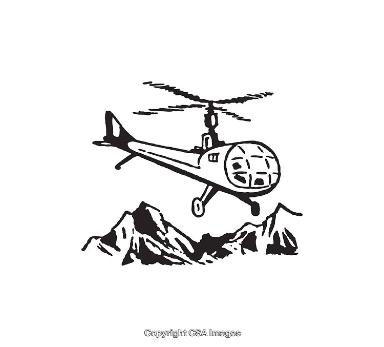 Black and White Line Art Helicopter Flying Over Mountain Range