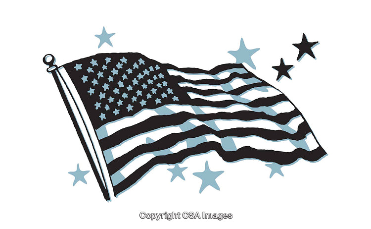 Hand-Drawn Illustration of Waving American Flag with Decorative Stars
