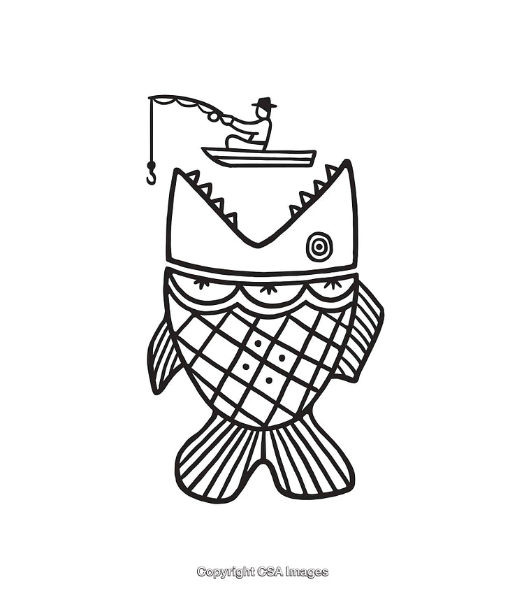 Black and White Illustration of Fantasy Fish and Fisherman in Boat