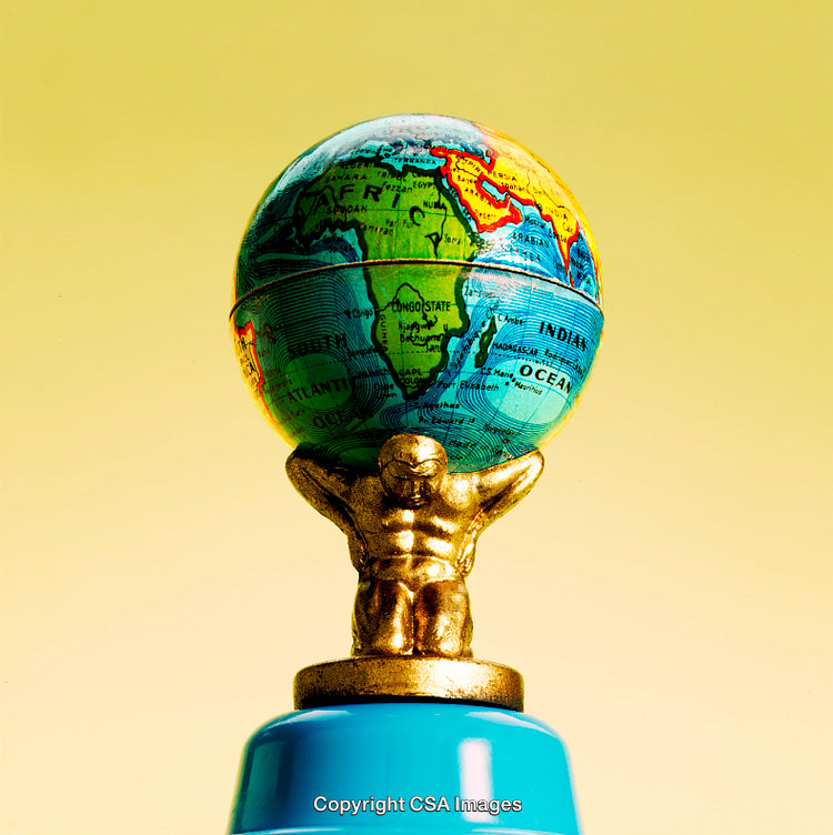 Golden Atlas Statue Holding a Globe on Yellow Background