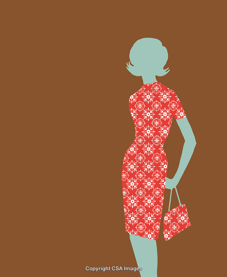 Stylized Silhouette of a Woman in Patterned Red Dress on Brown Background