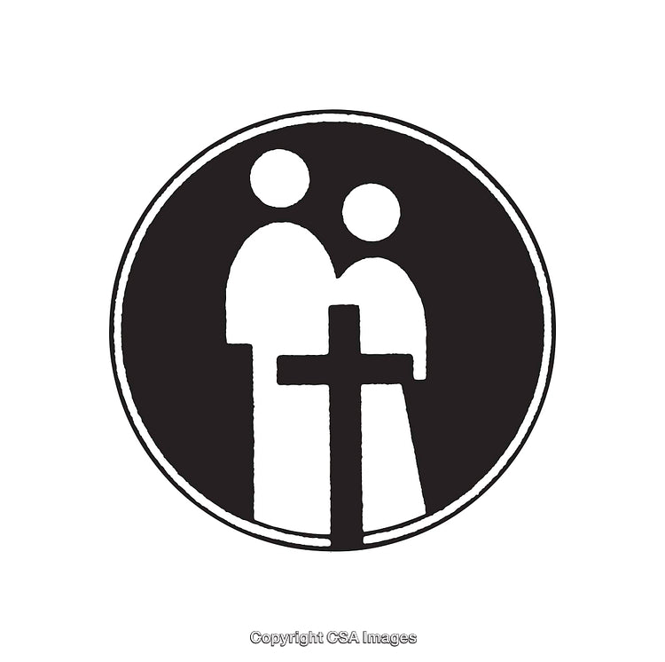 Black And White Icon With Figures And A Cross Symbol